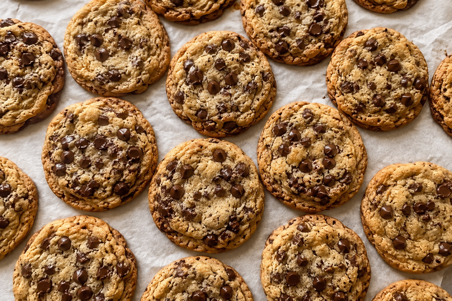 Freshly baked gluten-free chocolate chip cookies on parchment paper